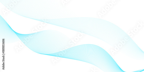 Abstract cyan and blue flowing wave line pattern merging white and black backgrounds, showcasing digital frequency curves and layered mesh for modern technology and vector design.