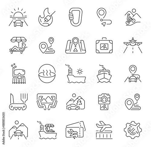 Travel destinations, vehicles, luggage, and navigation elements set of 50 linear icons