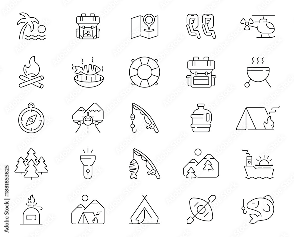 Fototapeta premium Travel destinations, vehicles, luggage, and navigation elements set of 50 linear icons