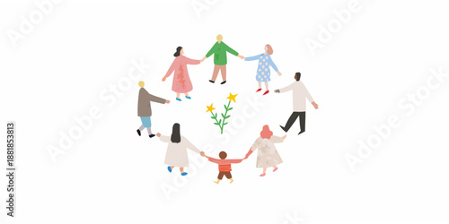 People holding hands in a circle with flowers in the center