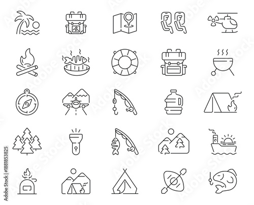 Travel destinations, vehicles, luggage, and navigation elements set of 50 linear icons