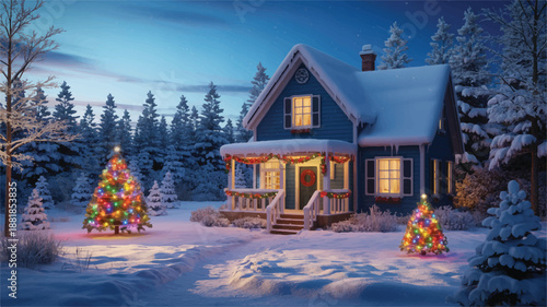 snowy house with christmas trees and lights on porch at night