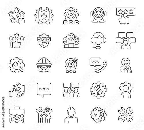 Headsets, support agents, rating stars, chat bubbles, and service tools designed in clean linear visuals. Helpful set of 50 icons for support and communication themes
