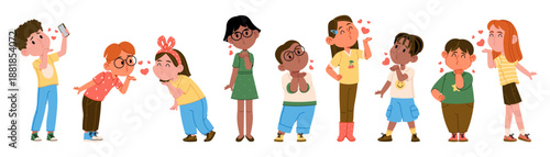 Charming children characters blowing air kiss making romantic gesture sending love and adoration
