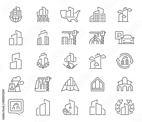 Homes, apartments, offices, public buildings, and skyscrapers rendered in elegant linear structure. Structural set of 50 outline icons related to buildings and architecture