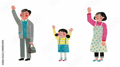 A family of three waving cheerfully illustrated in a simple playful style