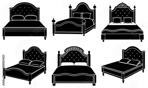 Six black and white bed frame silhouettes with different on a white background furniture