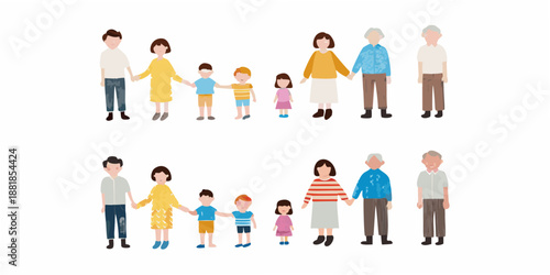 Illustrative depiction of multiple families standing together in a linear arrangement