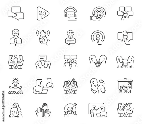 Podcast, microphones, soundwaves, headphones, and media tools illustrated in minimalistic linear style. Audio-themed set of 50 outline icons