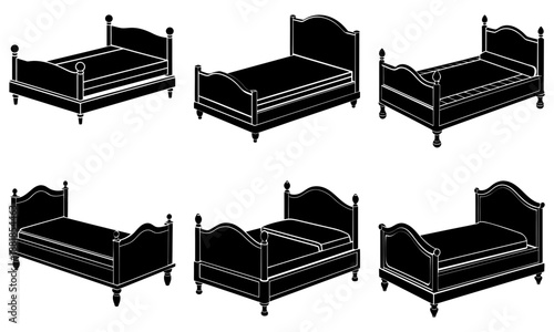 Five Black Wooden Beds with White Detailing on White Background black bed frame