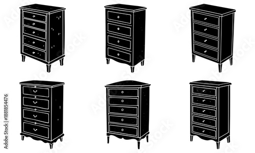 Five Black Dressers with White Trim on White Background furniture drawers