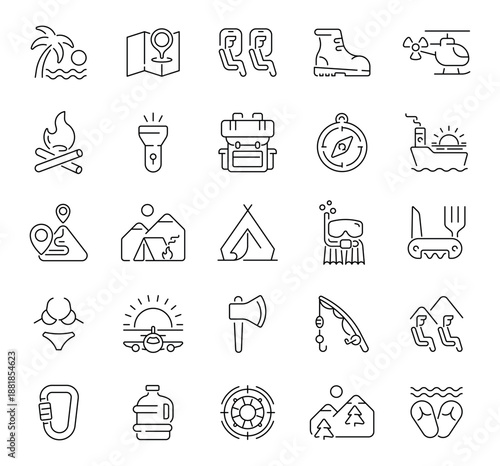 Sun, beach, suitcase, camera, and palm trees illustrated in cheerful and relaxed line art. Summery collection of 50 outline icons for vacation and travel themes