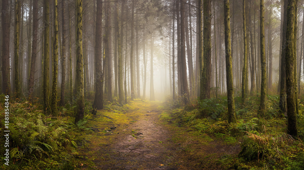 Fototapeta premium vanishing. Misty forest path with straight tree trunks leading into the distant fog. travel magazines, destination branding, designed for travel destination branding, used by event planners. 