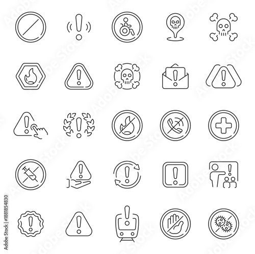 Warning circles with crossed-out actions or objects designed in universal linear style. Clean visual set of 50 line icons for restrictions and prohibition messages