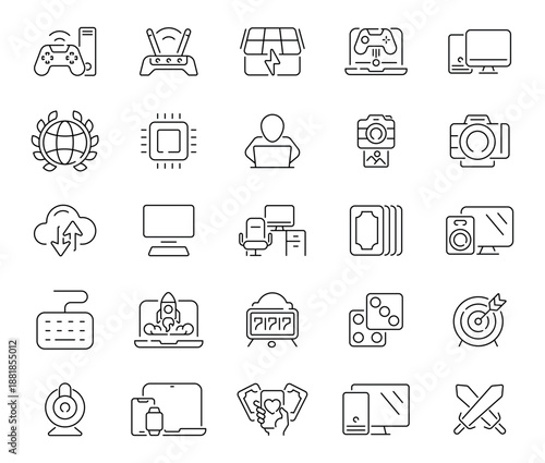 Controllers, consoles, screens, characters, and levels displayed in playful linear design. Gamer-oriented collection of 50 line icons for video game content