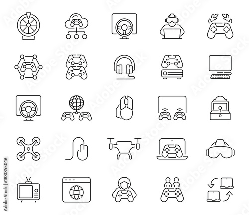 Controllers, consoles, screens, characters, and levels displayed in playful linear design. Gamer-oriented collection of 50 line icons for video game content