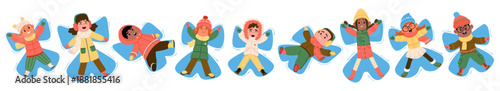 Charming children characters lying and making snow angel playing outdoors during winter holidays