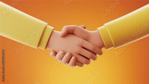 two people shaking hands in front of orange background