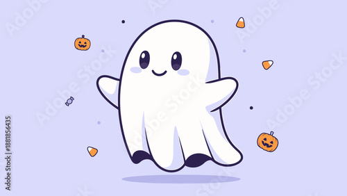 Cute Halloween Ghost Vector Illustration in Modern Cartoon Style with Playful Faces and Small Pumpkin Decorations