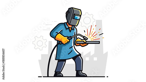 Vector Illustration of Welding Worker in Modern Flat Style with Blue Protective Gear and Sparks