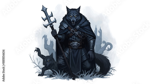Dark Fantasy Wolf Warrior Vector Illustration with Gothic Elements in Moody Blue Tones