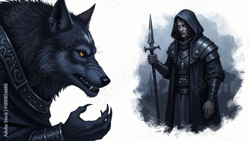 Vector Illustration of Fantasy Warrior and Werewolf in Dark Medieval Style