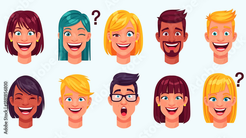 Vector Illustration of Diverse Cartoon Facial Expressions in Modern Style with Bright Color Palette for Emotive Character Designs