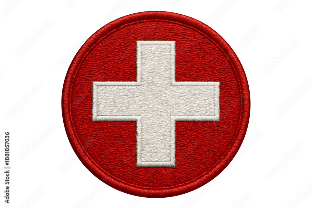 Fototapeta premium Embroidered swiss flag circular patch isolated on transparent background