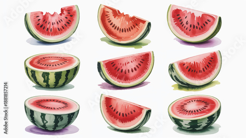 watermelon slices and halves on white background