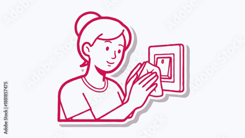 Young woman cleaning a light switch with a cloth for household hygiene concept and germ prevention vector illustration