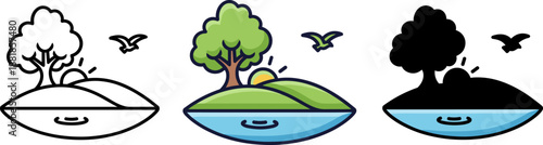 Minimalist Nature Icon of Small Island with Tree and Rising Sun