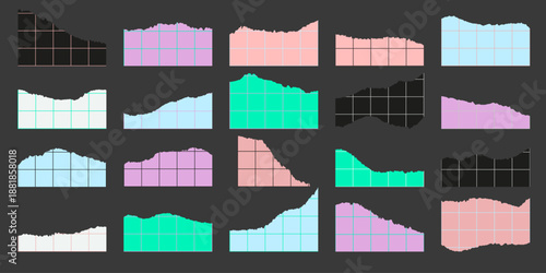Creative torn paper scraps featuring distinct grid graph line structures various shapes and sizes