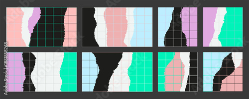 Colorful torn paper pieces with ripped edges and grid set of creative collage background elements