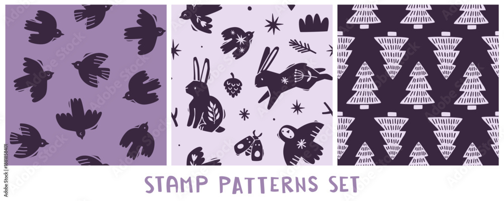 Fototapeta premium Scandinavian stamp pattern set. Forest seamless print collection.