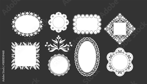 Delicate empty white frames and blank borders doily cutout edges with lace decoration isolated set