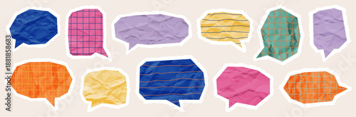 Set of colorful speech bubbles with crumpled paper texture for messages, quotes and comic dialogues