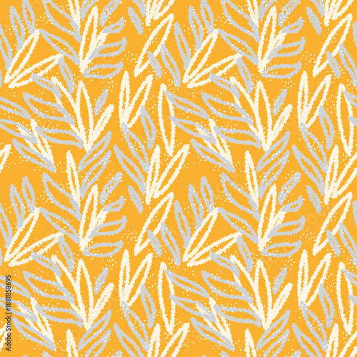 Seamless vector pattern with abstract leaf shapes and dotted texture on a warm mustard background. Modern organic design for fabric, wallpaper, and home decor