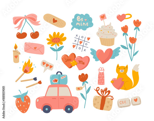 Vibrant and playful set of Valentines Day elements rendered in cheerful romantic cartoon style
