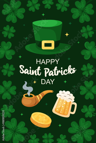 Saint Patricks Day simple greeting card featuring green top hat. Set of Elements include coin, smoking pipe, and beer mug. Hand drawn vector illustration.