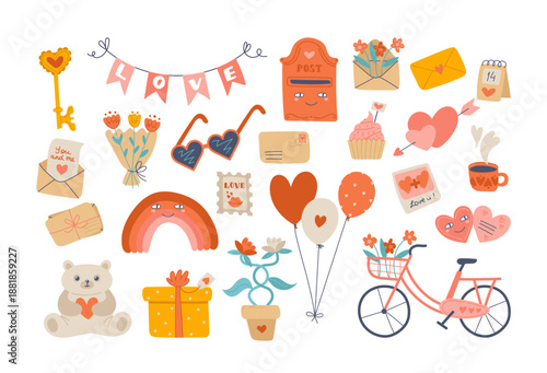 Whimsical romantic collection featuring vintage bicycle, flowers, mailbox with love letters, gifts