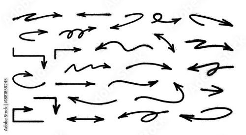 Graffiti arrows with effect spray, splashes, traces of aerosol paint. Set of hand-drawn black spray paint arrows, in various directions, including curved, looped, zigzag. Vector graffiti pointers