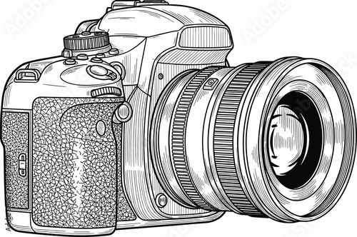 Digital DSLR camera line art illustration for coloring, professional photographic equipment vector, modern mirrorless camera with lens, artistic photography hobby icon design.