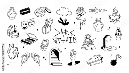 Dark Gothic Doodle Set. Black and white cute and scary doodle elements of dark gothic. Darkness aesthetics, emo, depression, flash tattoo. Isolated Vector graphic collection