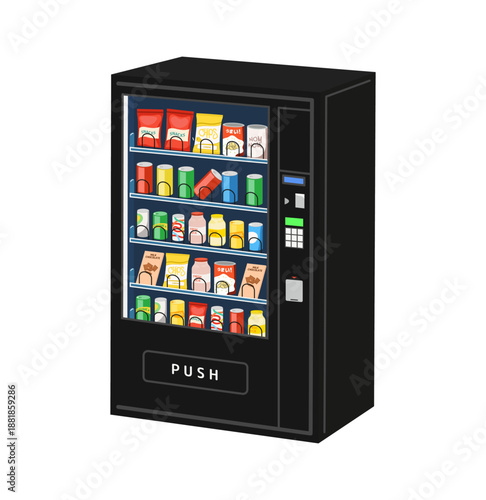 Vending Machine Vector Illustration Isolated. Black vending machine filled with snacks and drinks, front glass display. Cartoon vector illustration