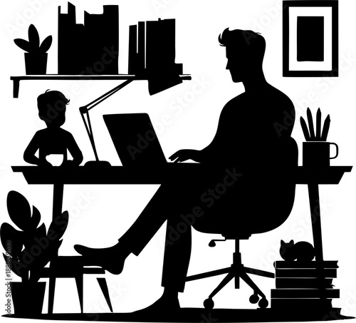 Father Working from Home Silh...