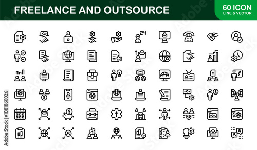 Freelance Outsource Line Icon Set – Modern Professional Vector Icons for Business, Remote Work, and Digital Services in Minimal Outline Style