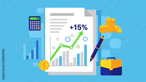 Financial Growth Report with 15 Increase Business Success and Investment Concept