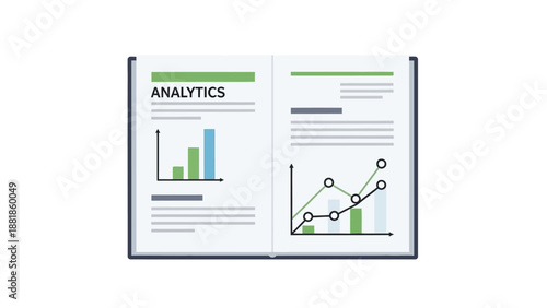 Open Book Displaying Business Analytics Report with Bar and Line Charts Isolated on White Background