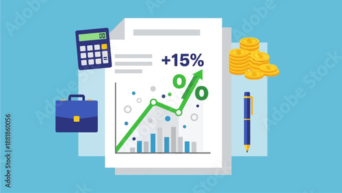 Business Growth Chart Showing 15 Profit Increase with Coins and Calculator