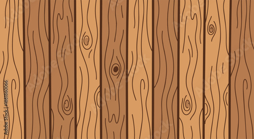 Cartoon wooden planks texture background. Seamless vector brown wood grain pattern with vertical boards and knots.